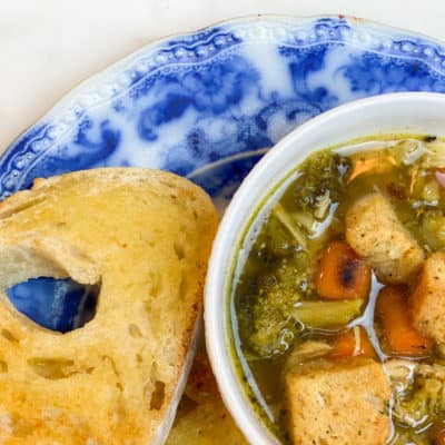 Rotisserie Chicken Noodle Soup with Roasted Veggies