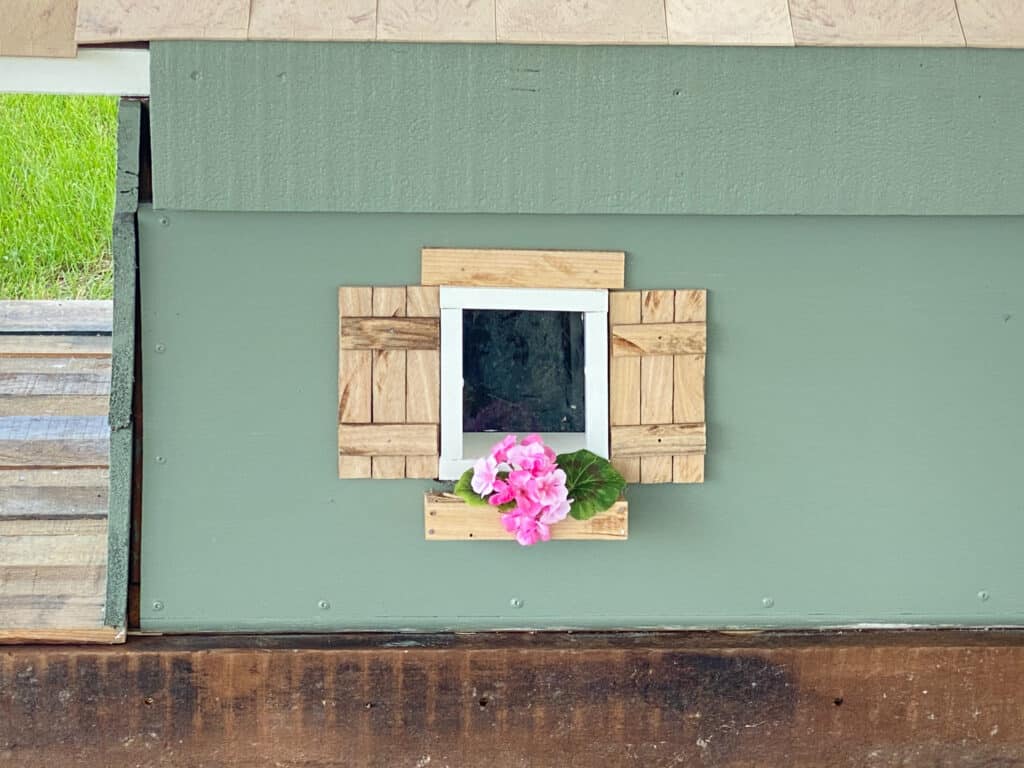 craftsman style wood shutters with oak window box with pink flowers built by fearless diy