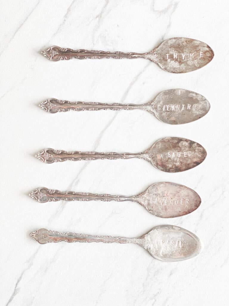 Stamped antique spoons with herb names by fearlessdiy