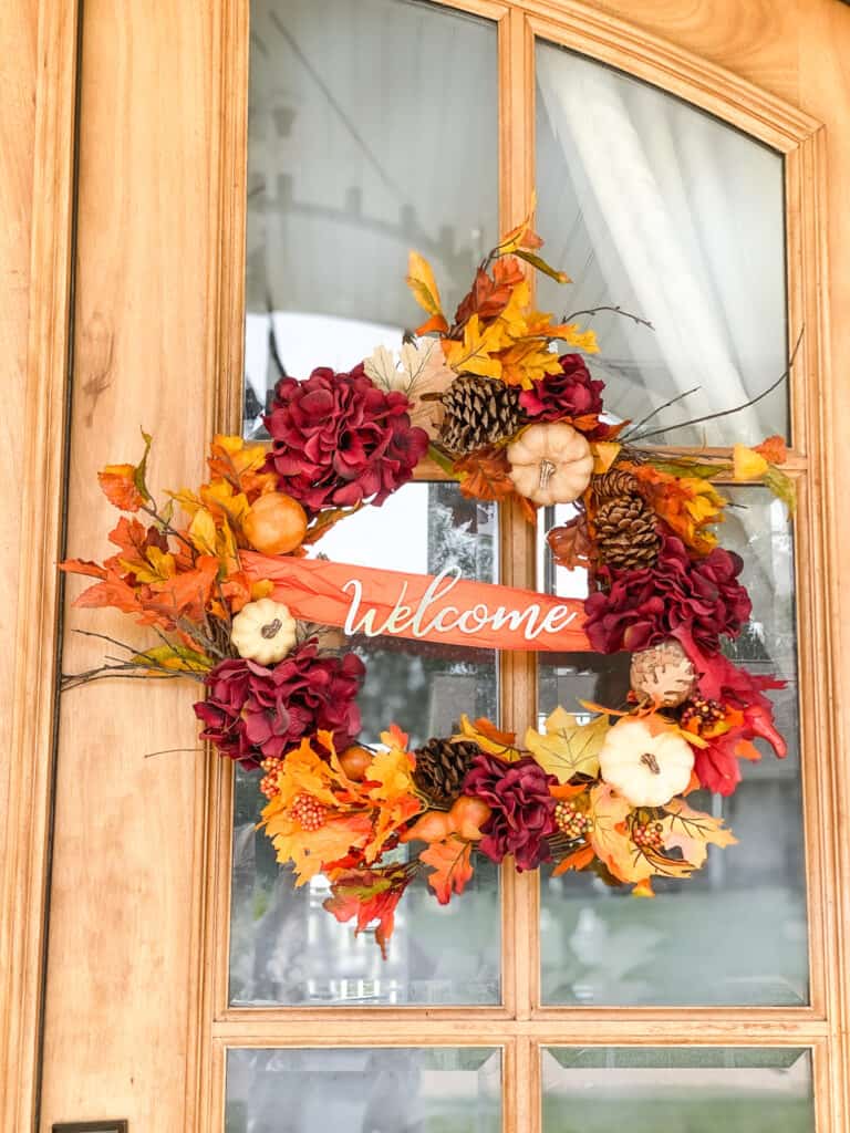 DIY fall wreath made with items from Dollar Tree