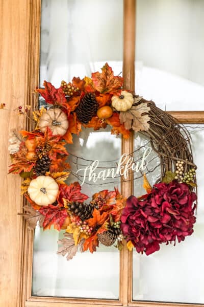 orang leaves, white pumpkins, claret hydrangeas