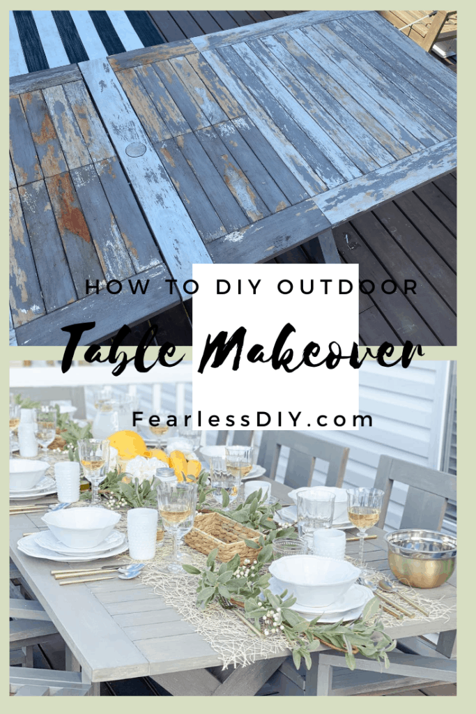 Pinerest pin of before and after on a pottery barn outdoor dining table makeover