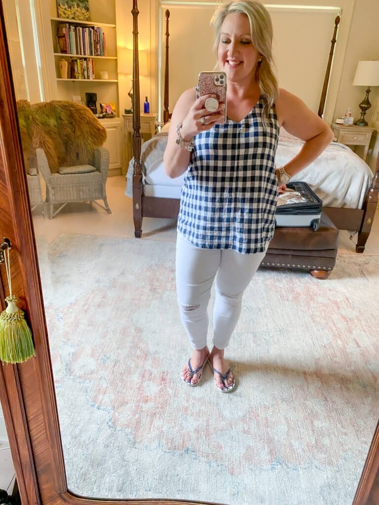 blue and white checked top