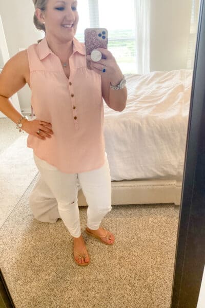 pink henley with white distressed jeans