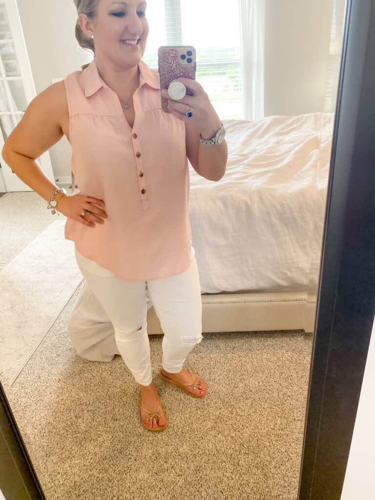 blush collared button down sleeveless top