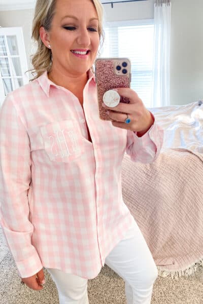 pink and white gingham button down shirt with monogram in white on breast pocket from Marley LIlly