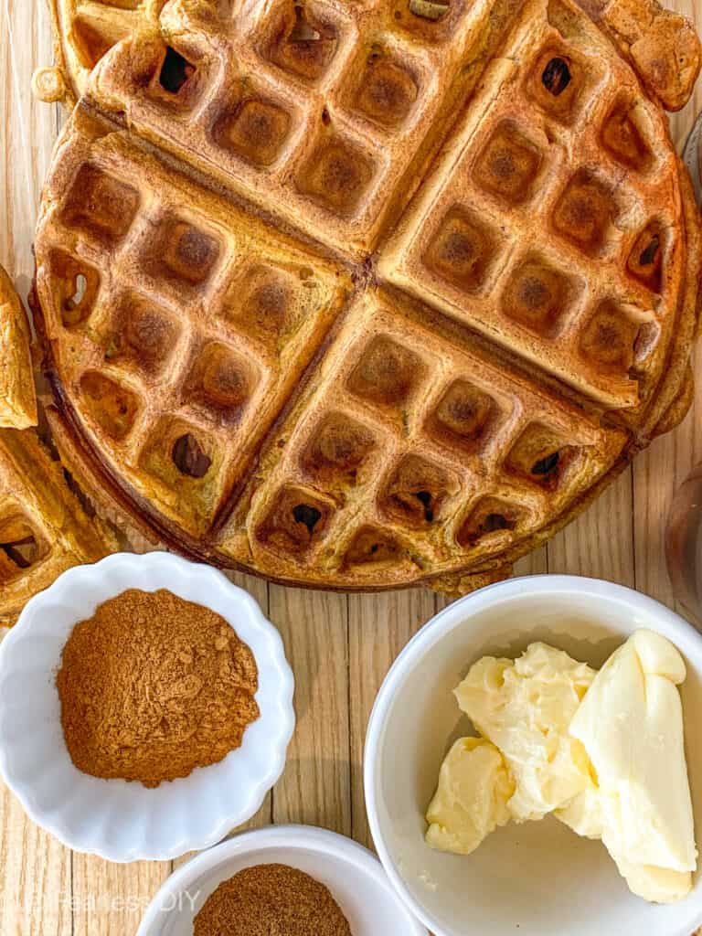 pumpkin waffles spiced with cinnamon, ginger, cloves, allspice and nutmeg.