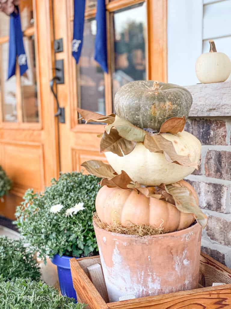 cinderella pumpkin stack with magnolia leaves in between the layers