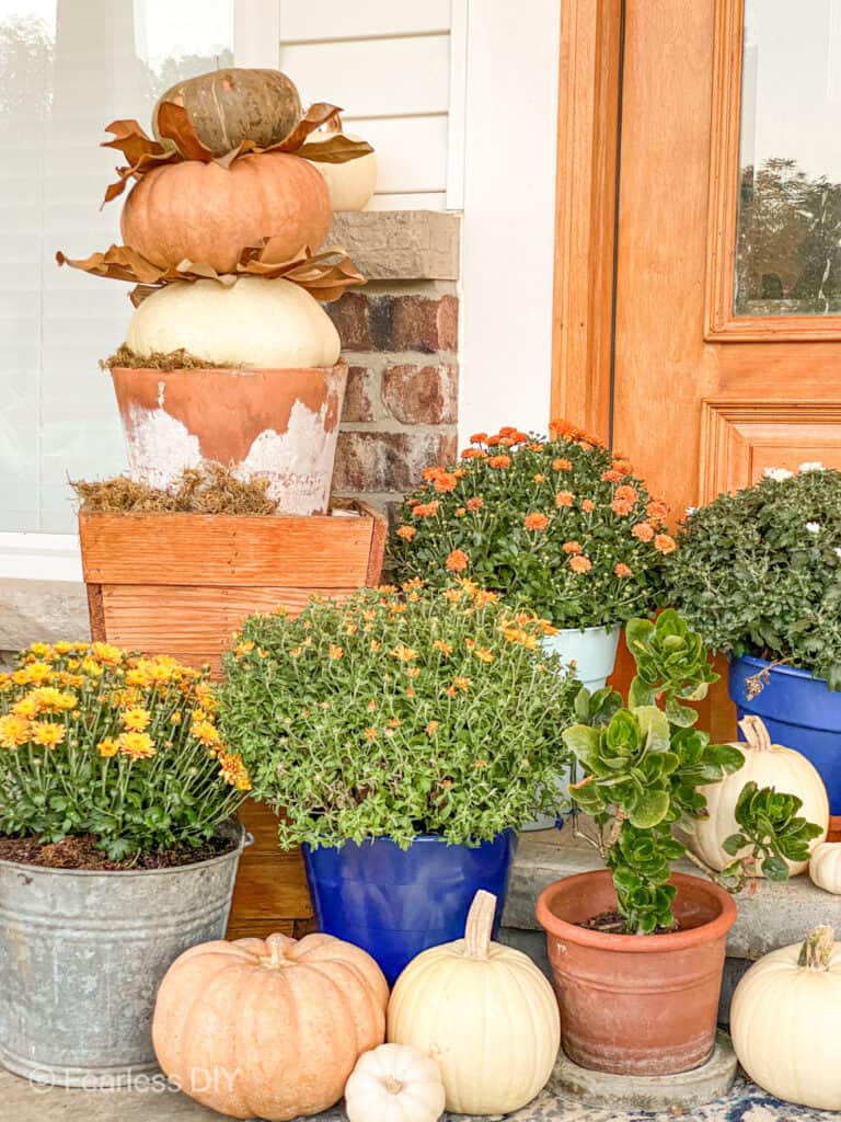 blue containers with mums and a pumpkin stack