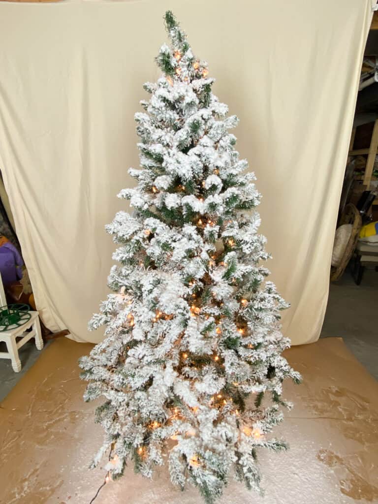 flocked Christmas tree with lights