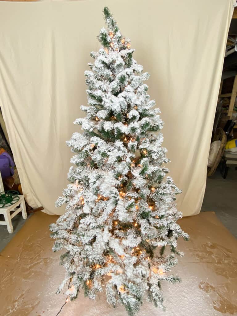 flocked Christmas tree with lights 